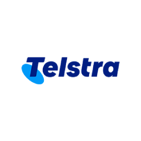 A blue and white telstra logo on a white background