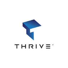 A logo for thrive with a blue t on a white background