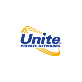 A blue and yellow unite private networks logo