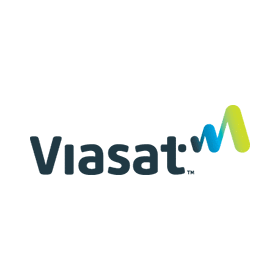 A blue and green logo for a company called viasat.