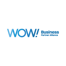 The wow business partner alliance logo is blue and white