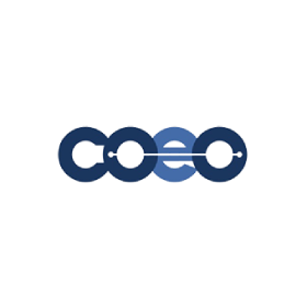 A blue and white coco logo on a white background