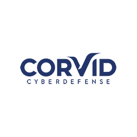 A blue logo for corvid cyberdefense on a white background.