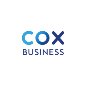 A blue and white logo for cox business