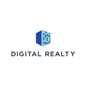 The logo for digital realty is a blue cube with numbers on it.
