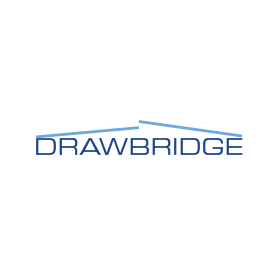 The drawbridge logo is blue and white and looks like a house with a roof.