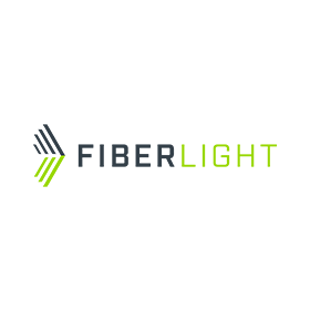 The fiberlight logo is green and black and has a arrow pointing to the right.