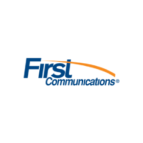 A blue and orange logo for first communications