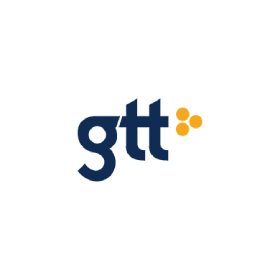 A blue and yellow logo for gtt on a white background