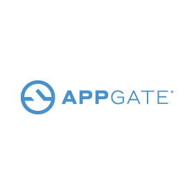 The logo for appgate is blue and white on a white background.