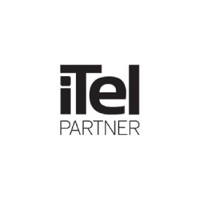 A black and white logo for itel partner on a white background.