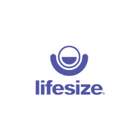 The logo for lifesize is a purple and white logo