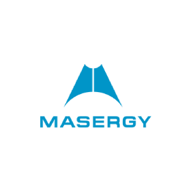 A blue masergy logo on a white background