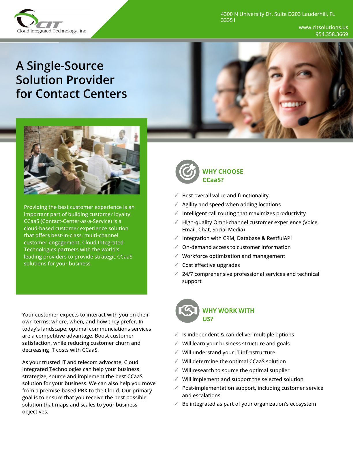 A brochure for a single source solution provider for contact centers.