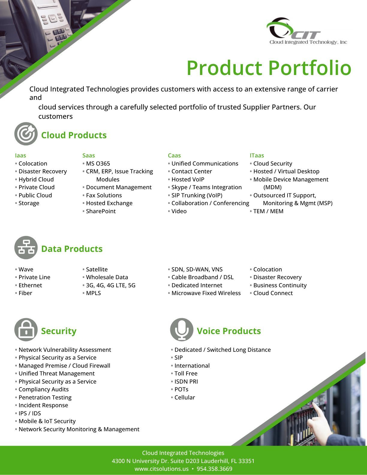 A product portfolio brochure with a picture of a man holding a telephone.