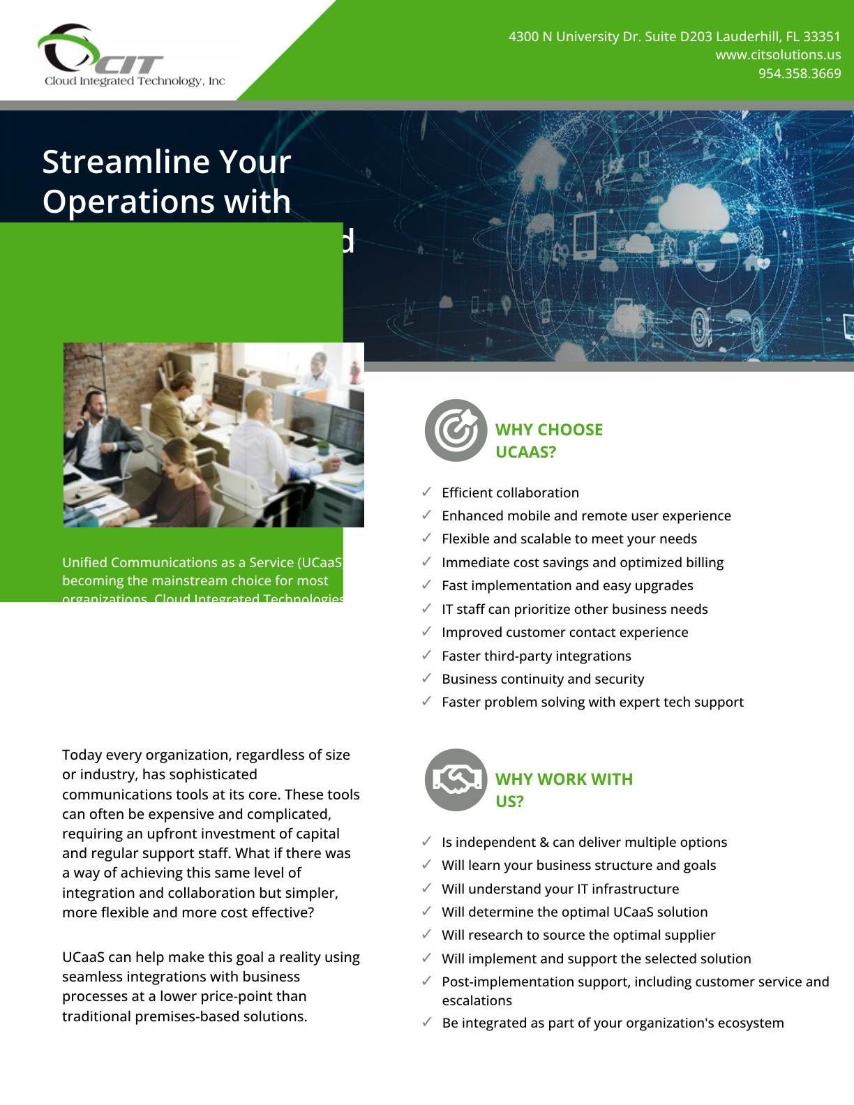 A brochure about streamline your operations with a picture of a group of people sitting at desks.