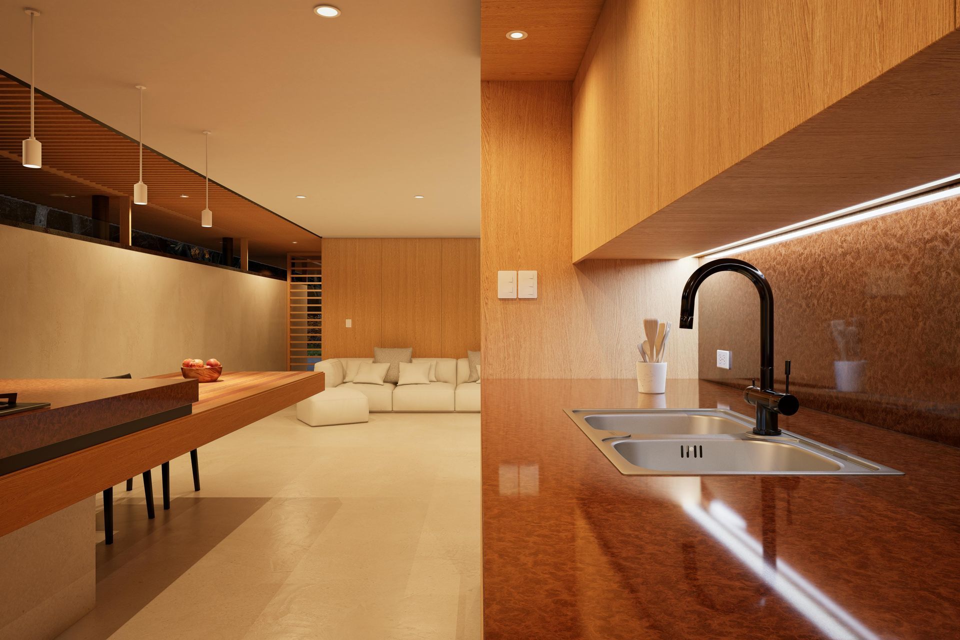 A modern kitchen with warm wood accents, pot lights, and under-cabinet LED lighting.
