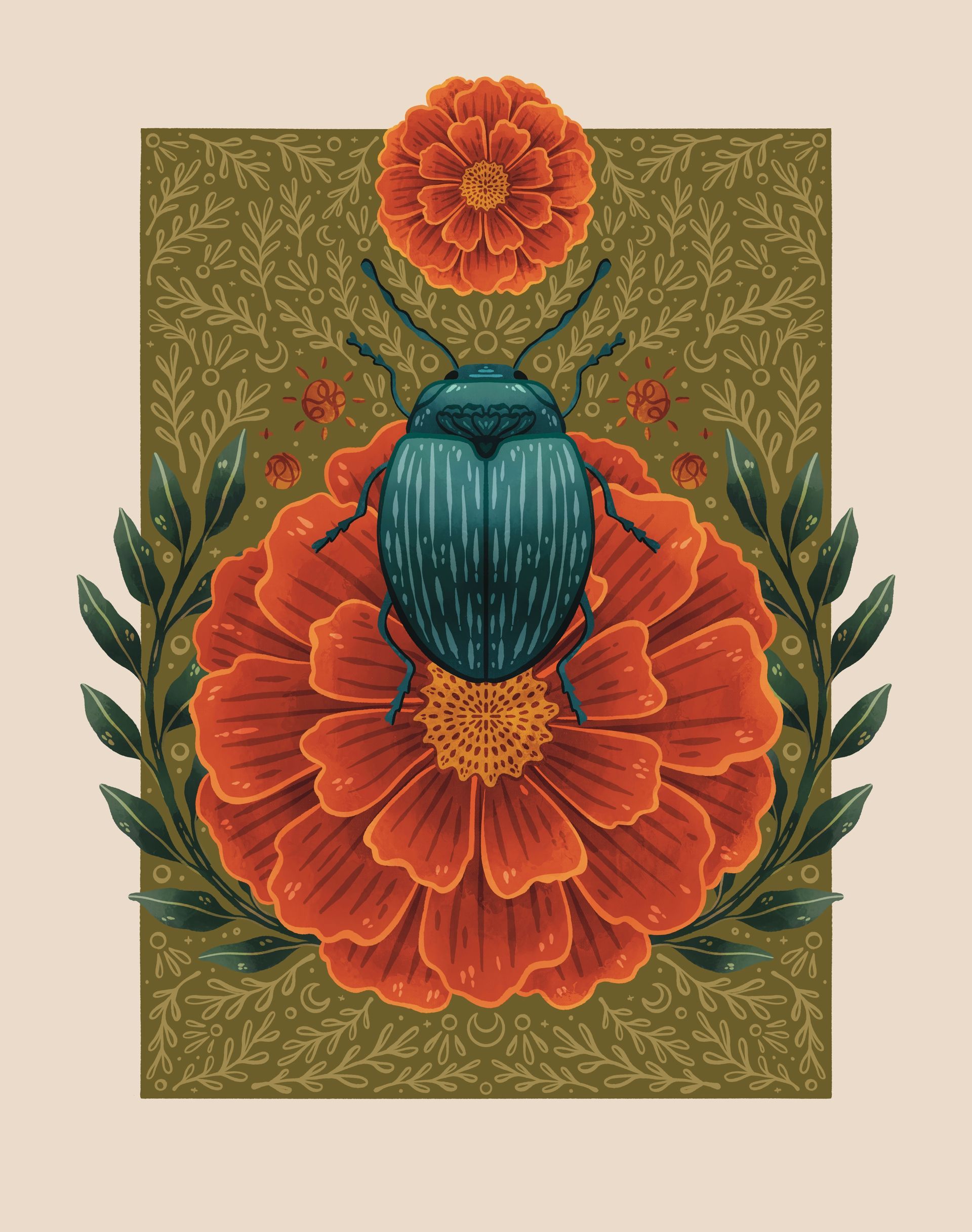 A teal beetle rests on an orange marigold flower, framed by greenery against a patterned olive-green background.