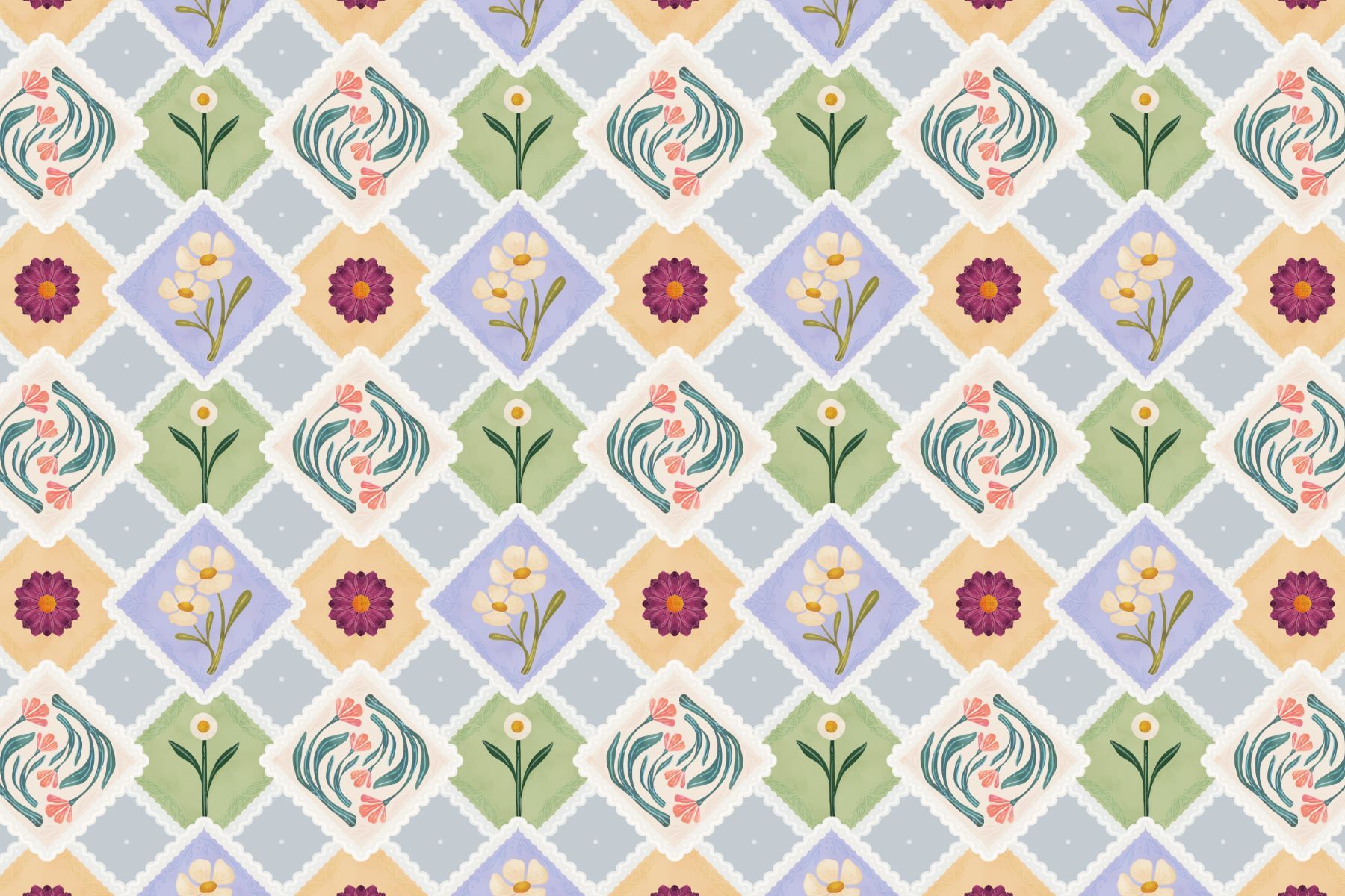 A seamless pattern of repeating diamonds containing green leaves, flowers, and circular pink motifs on a blue background.