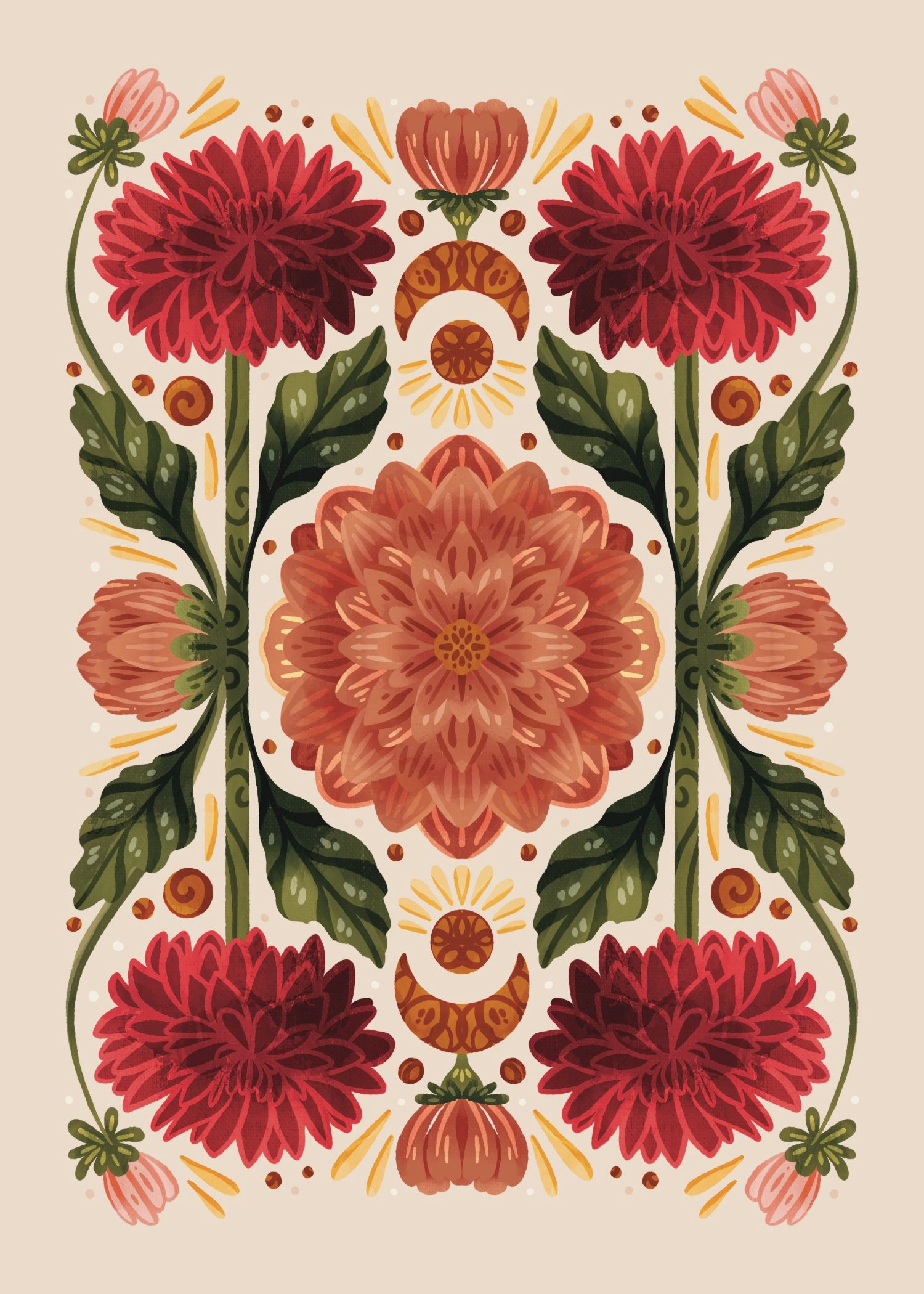 Symmetrical folk-art illustration featuring deep red dahlias, leafy green stems, and central sun and moon motifs on beige.