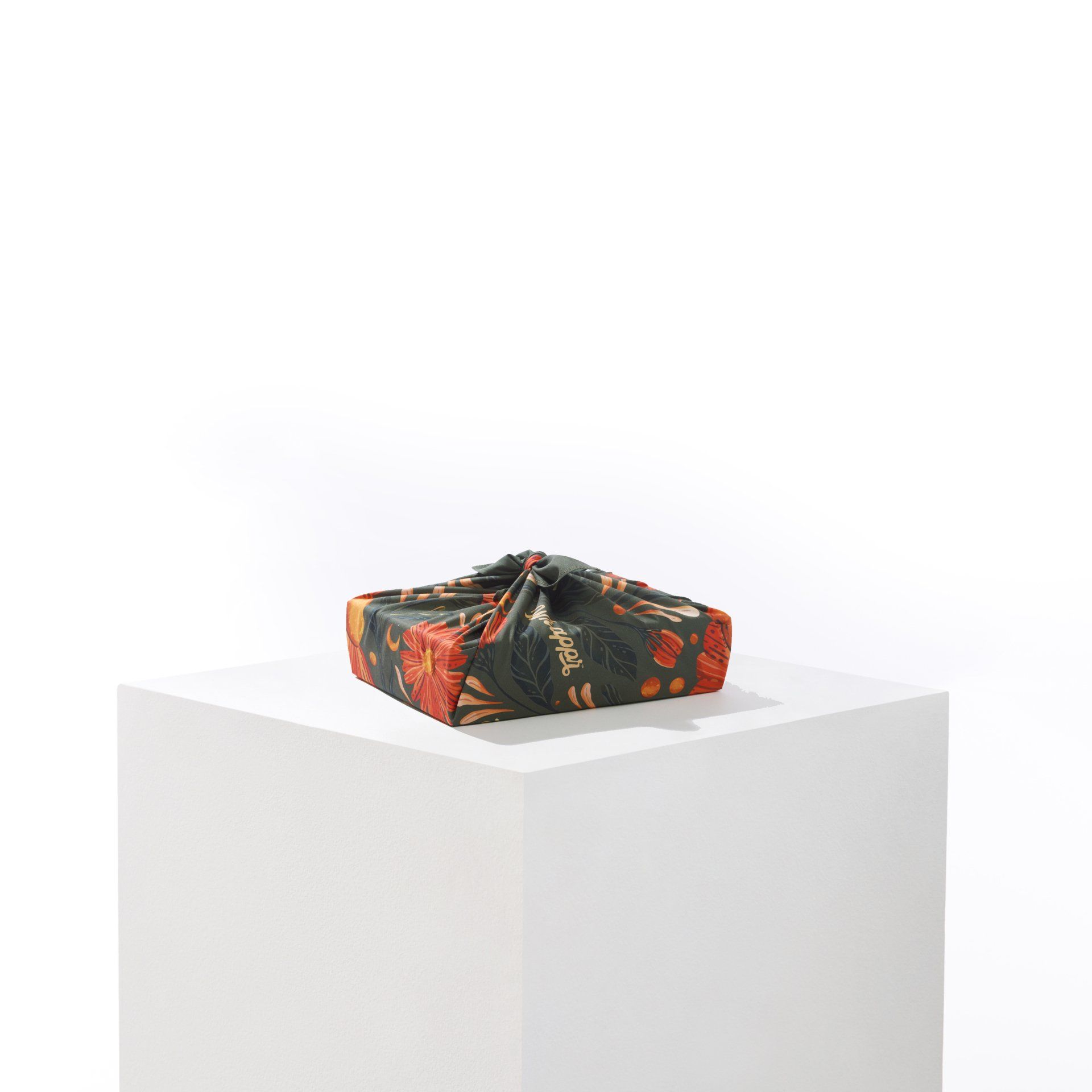 a box wrapped in a scarf is sitting on top of a white cube .
