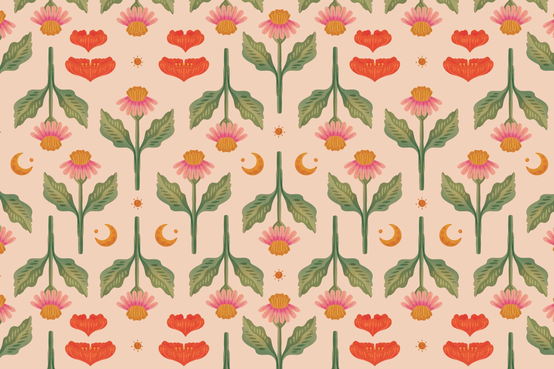 Pattern of pink flowers with green stems and leaves, crescents, and small red flowers on a light beige background.