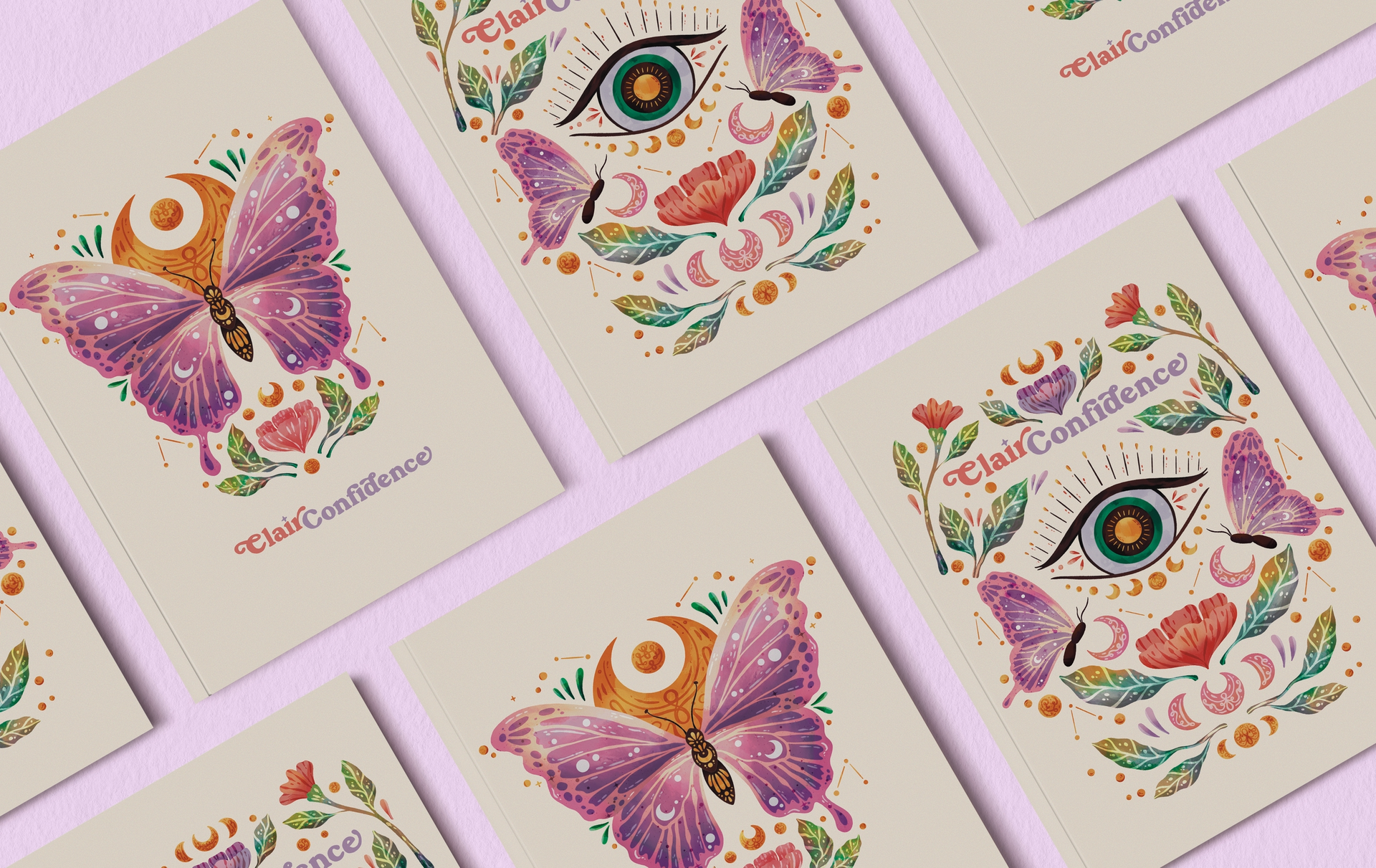 A pattern of cards on a purple background featuring mystical illustrations of butterflies, eyes, and floral elements.