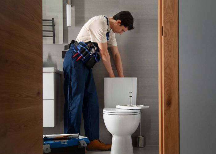 A plumber is fixing a toilet in a bathroom.