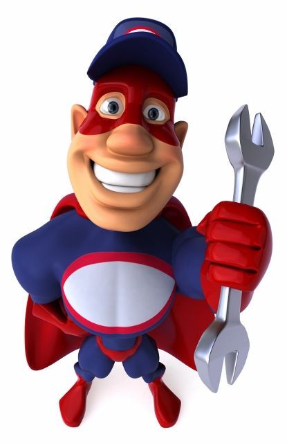 A 3D cartoon of a superhero plumber in a blue and red suit, wearing a mask and holding a large wrench.