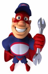A 3D cartoon of a superhero plumber in a blue and red suit, wearing a mask and holding a large wrench.