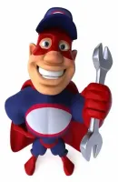 The Plumbinator Plumbing Co logo featuring a smiling superhero plumber mascot holding a wrench, representing professional plumbing services.