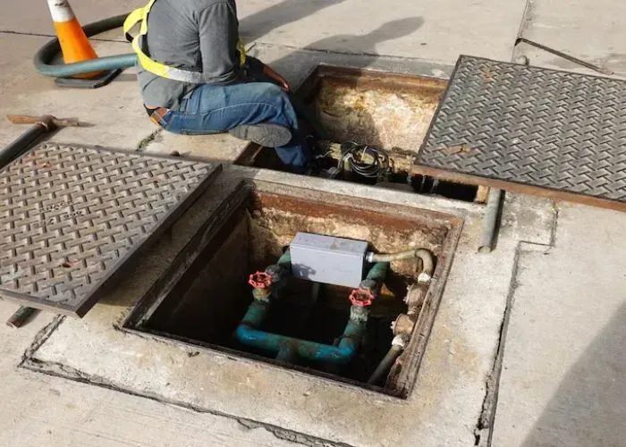 Technician inspecting an underground utility vault during sewer line repair service by The Plumbinator Plumbing Co, with exposed plumbing pipes and access chambers for professional sewer maintenance.