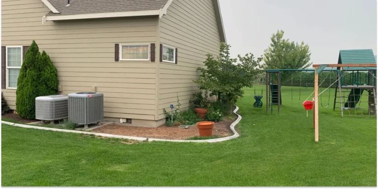 A beige house exterior with two AC units and garden beds, adjacent to a green backyard with a children's play set.
