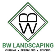 Logo for BW Landscaping featuring a green-bordered diamond containing a stylized BW, with text for curbing and fencing.