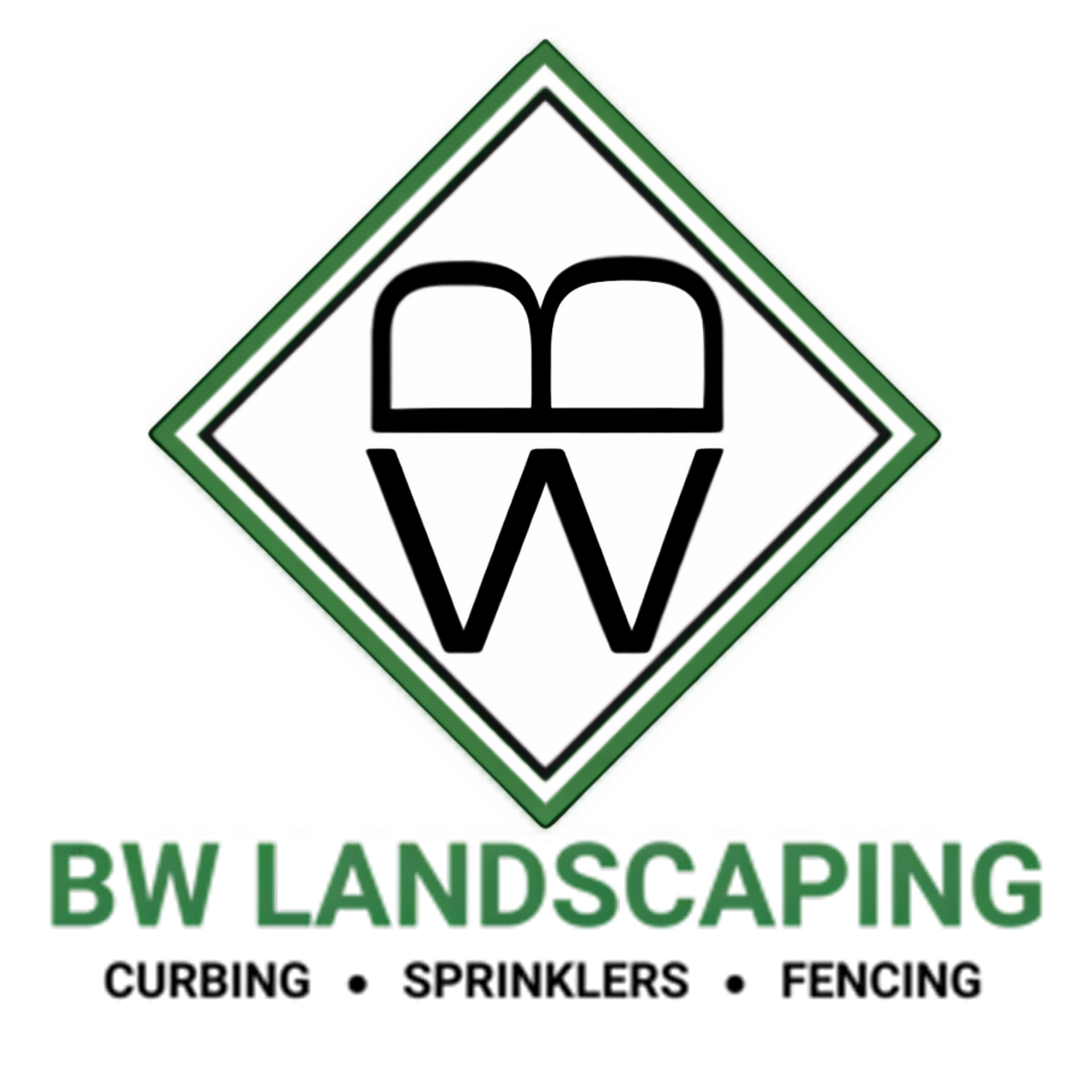 Logo for BW Landscaping featuring a green-bordered diamond containing a stylized BW, with text for curbing and fencing.