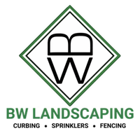 Logo for BW Landscaping featuring a green-bordered diamond containing a stylized BW, with text for curbing and fencing.