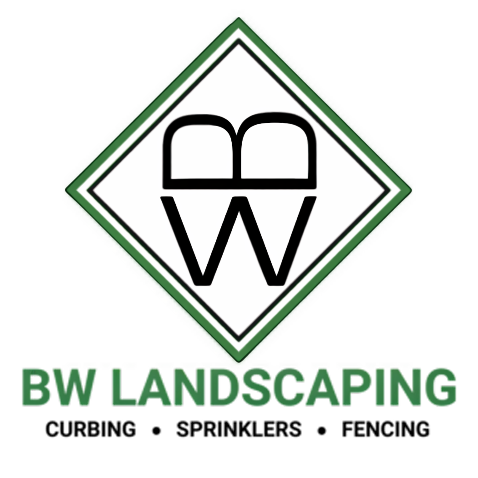 BW Landscaping logo featuring a green diamond border, the letters BW, and the services curbing, sprinklers, and fencing.