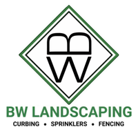 BW Landscaping logo featuring a green diamond border, the letters BW, and the services curbing, sprinklers, and fencing.