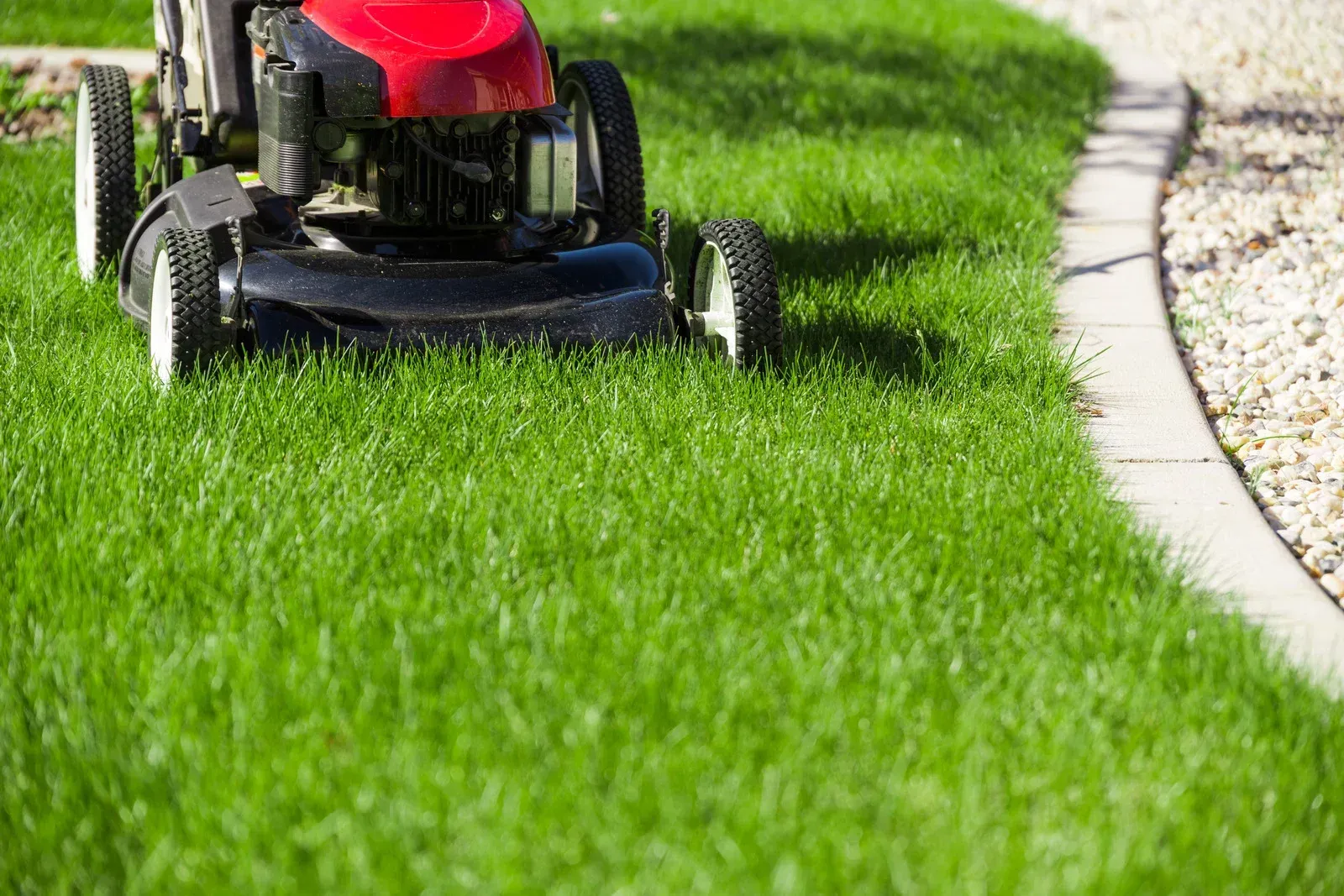 A red lawnmower cuts a vibrant green lawn next to a paved stone border.