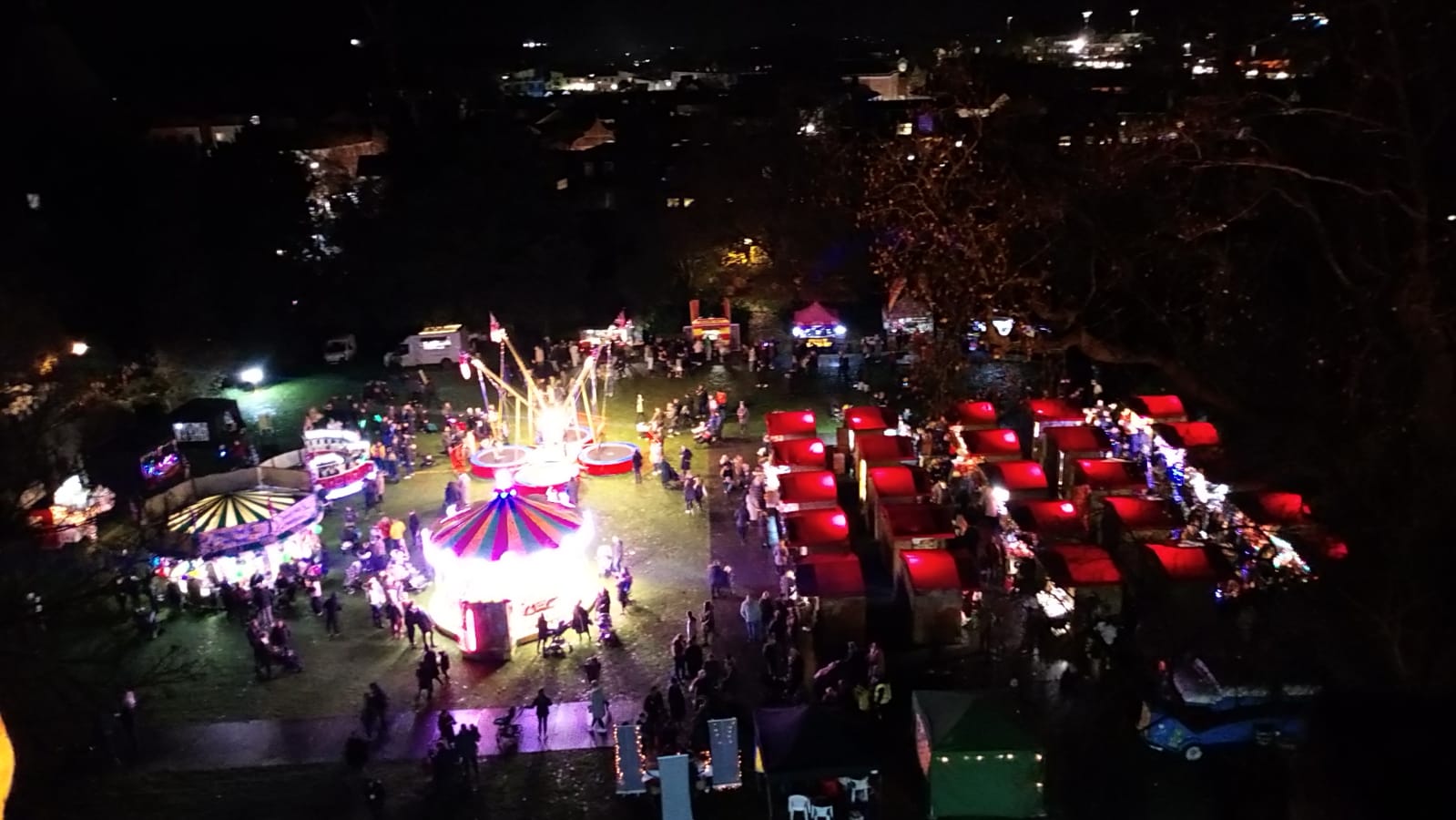 Ariel shot of a Christmas market event site with lighting and power