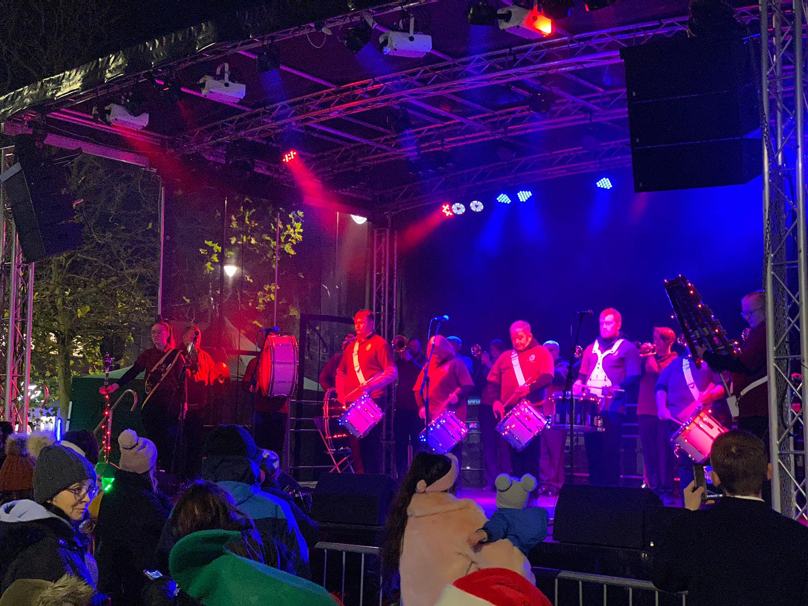 Drummers on stage at Biggleswade light switch on