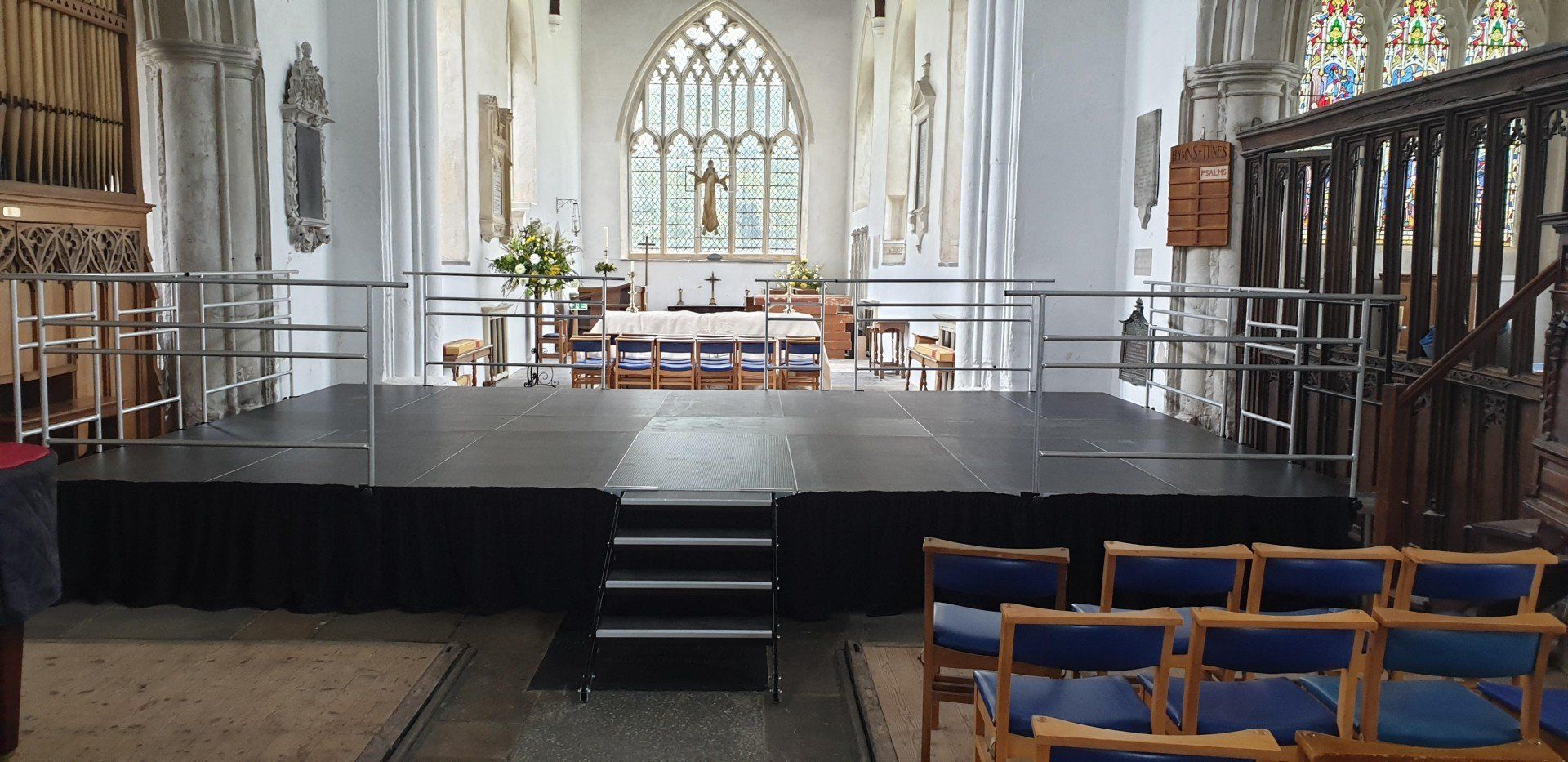 Modular stage inside a church