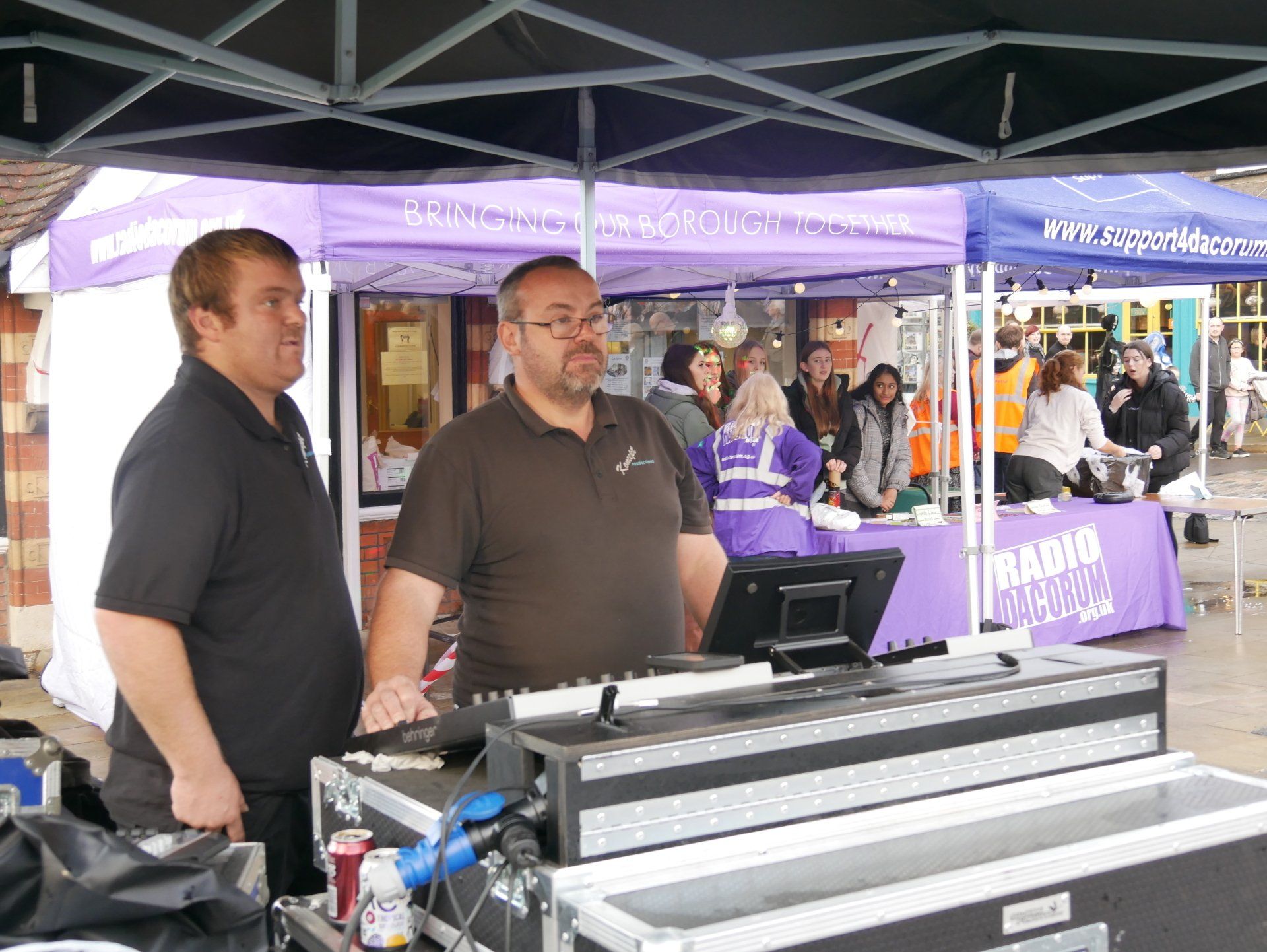 Sound engineers working at the Halloween party event at Hemel Hempstead old town