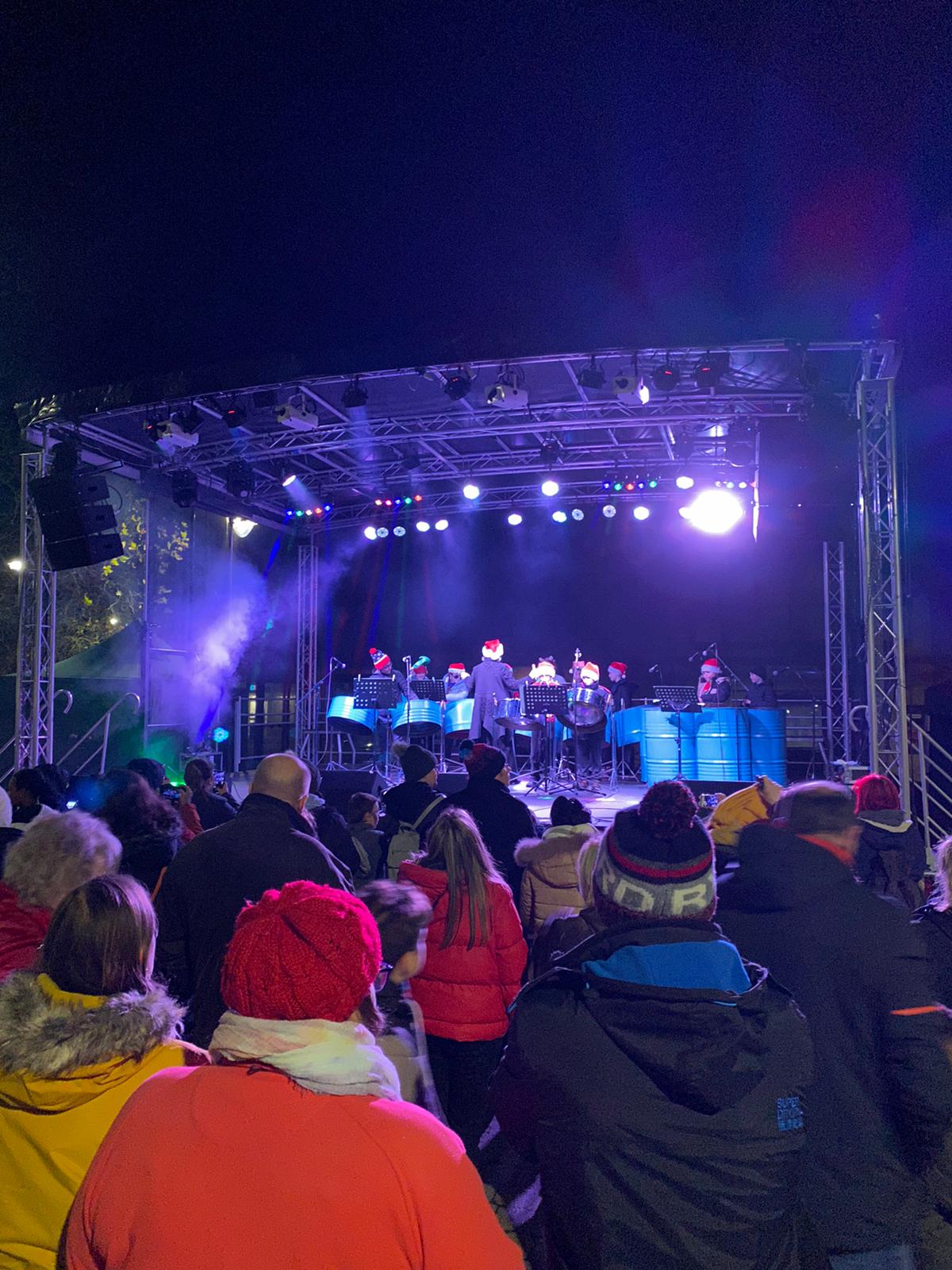 Steel Drummers on stage at Biggleswade light switch on