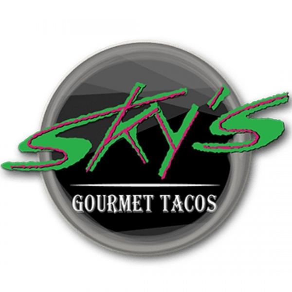 Sky's Gourmet Tacos logo: Green and red text on a black and gray circle, with the words 