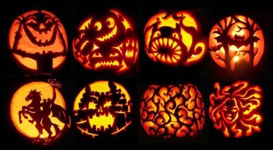 Eight illuminated jack-o'-lanterns with varying spooky designs, glowing orange against black.