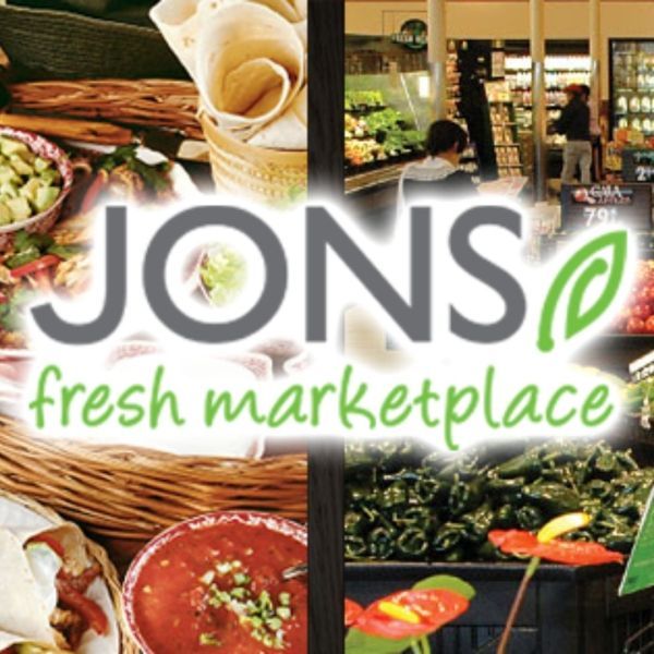 Jons Fresh Marketplace logo with food photos and a store interior. Green leaf logo element and text.