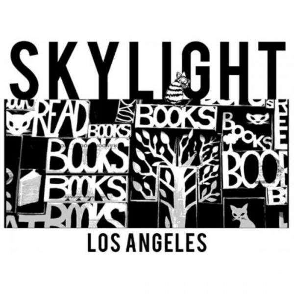 Logo for Skylight Books in Los Angeles, with black text on white background featuring book imagery and a tree.
