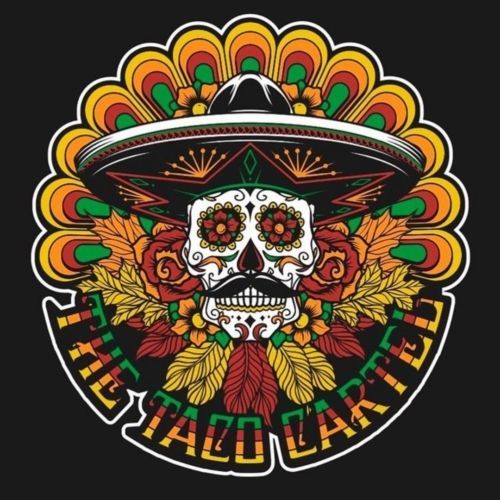 Sugar skull with sombrero, surrounded by floral design, text: 
