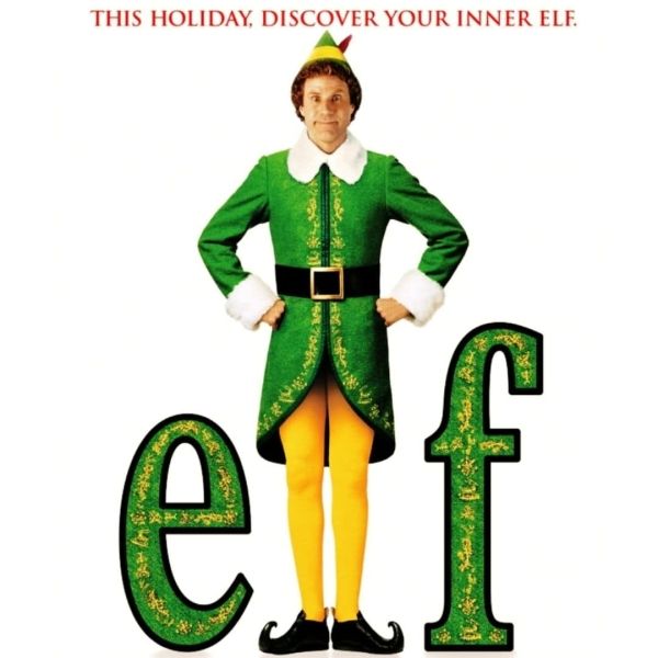 Will Ferrell in a green elf costume, posing next to the word 